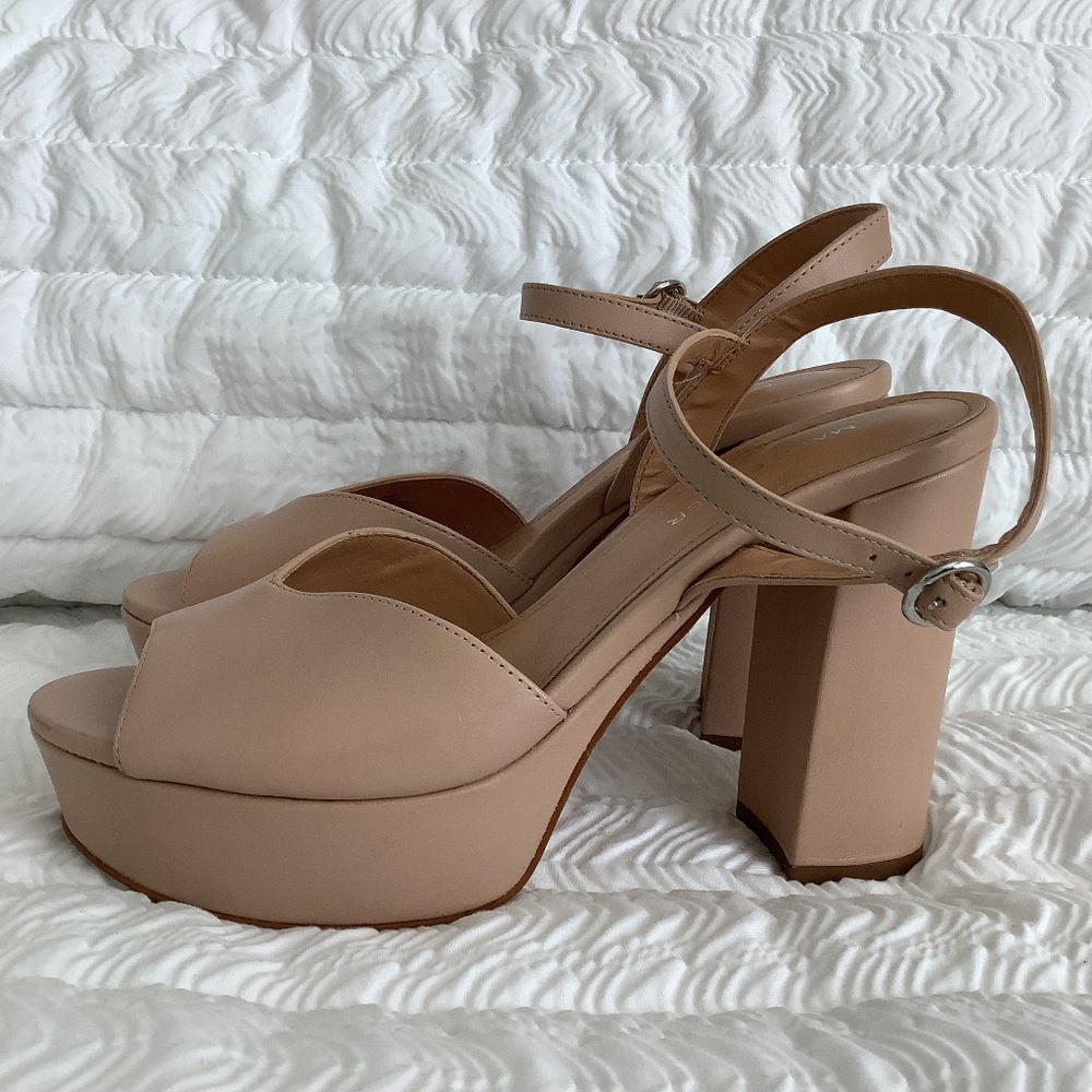 Marc Fisher Dercy Nude Chunky Block Platform Heels Peep Toe Sandals Sz 7.5